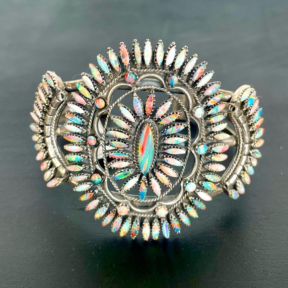 Sterling Silver Genuine Opal Petite Needlepoint Cuff - Picture 1 of 7